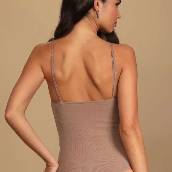 Lulus Ruche Order Taupe Ribbed Ruched Cami Tank Bodysuit Women’s Size Medium - Picture 2 of 5
